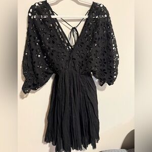 Free People One Black Bella Notte Mini Dress Eyelet Sleeve